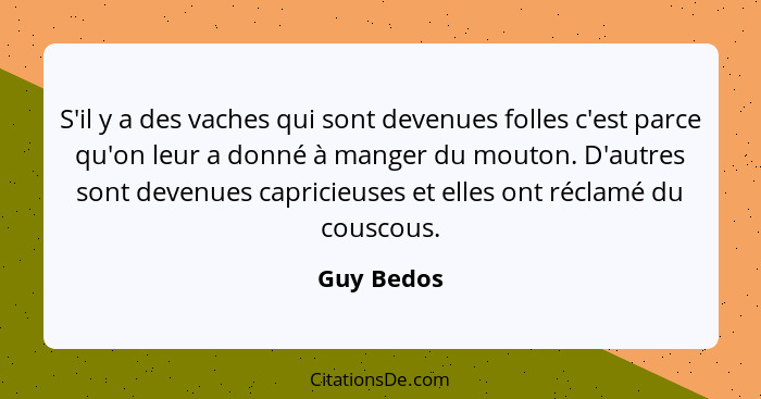 S'il y a des vaches qui sont devenues folles c'est parce qu'on leur a donné à manger du mouton. D'autres sont devenues capricieuses et ell... - Guy Bedos