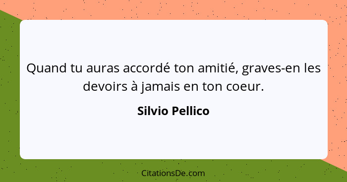 Quand tu auras accordé ton amitié, graves-en les devoirs à jamais en ton coeur.... - Silvio Pellico