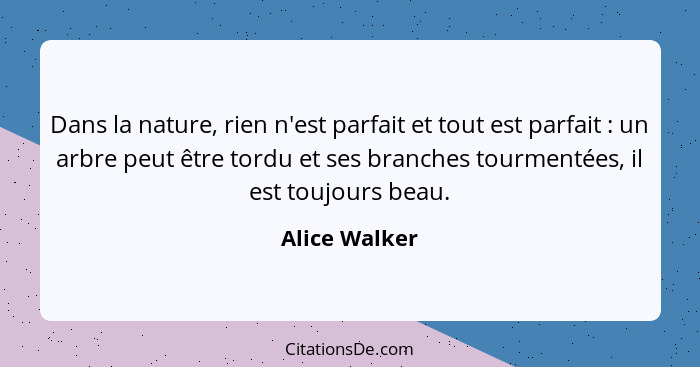 Dans la nature, rien n'est parfait et tout est parfait : un arbre peut être tordu et ses branches tourmentées, il est toujours bea... - Alice Walker