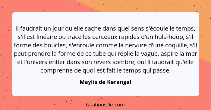 Il faudrait un jour qu'elle sache dans quel sens s'écoule le temps, s'il est linéaire ou trace les cerceaux rapides d'un hula-hoo... - Maylis de Kerangal