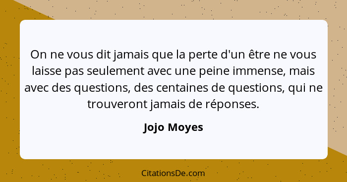 On ne vous dit jamais que la perte d'un être ne vous laisse pas seulement avec une peine immense, mais avec des questions, des centaines... - Jojo Moyes