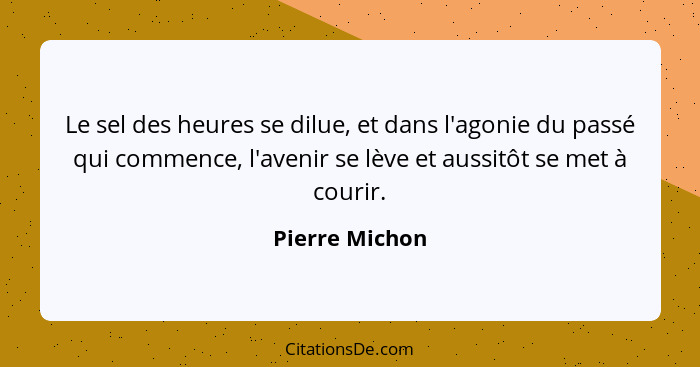 Le sel des heures se dilue, et dans l'agonie du passé qui commence, l'avenir se lève et aussitôt se met à courir.... - Pierre Michon