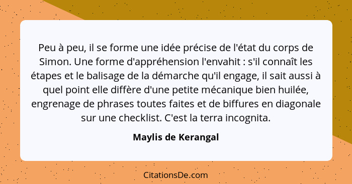 Peu à peu, il se forme une idée précise de l'état du corps de Simon. Une forme d'appréhension l'envahit : s'il connaît les é... - Maylis de Kerangal