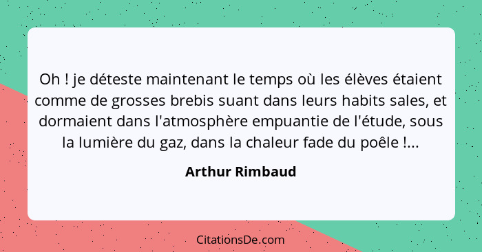 Oh ! je déteste maintenant le temps où les élèves étaient comme de grosses brebis suant dans leurs habits sales, et dormaient da... - Arthur Rimbaud