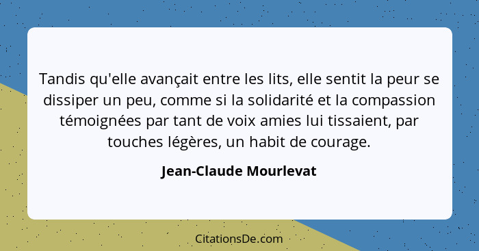 Tandis qu'elle avançait entre les lits, elle sentit la peur se dissiper un peu, comme si la solidarité et la compassion témoig... - Jean-Claude Mourlevat