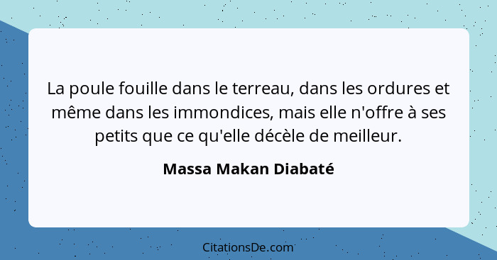 La poule fouille dans le terreau, dans les ordures et même dans les immondices, mais elle n'offre à ses petits que ce qu'elle dé... - Massa Makan Diabaté