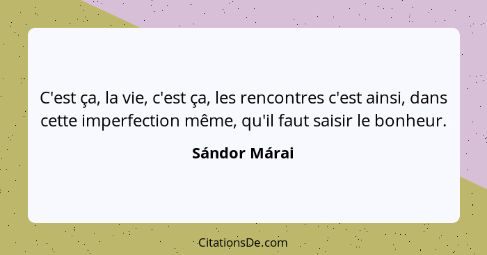 C'est ça, la vie, c'est ça, les rencontres c'est ainsi, dans cette imperfection même, qu'il faut saisir le bonheur.... - Sándor Márai