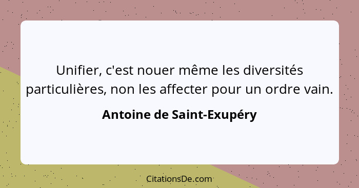 Unifier, c'est nouer même les diversités particulières, non les affecter pour un ordre vain.... - Antoine de Saint-Exupéry