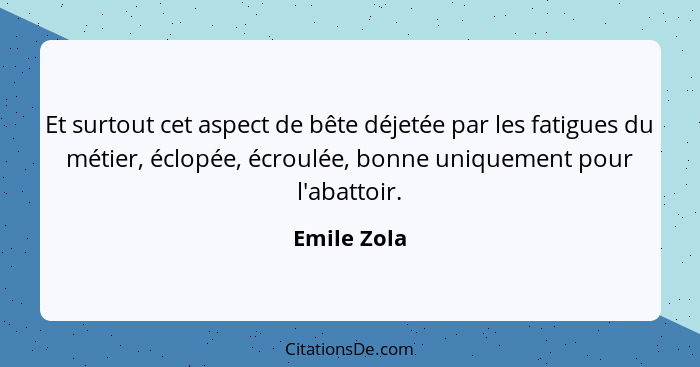 Et surtout cet aspect de bête déjetée par les fatigues du métier, éclopée, écroulée, bonne uniquement pour l'abattoir.... - Emile Zola