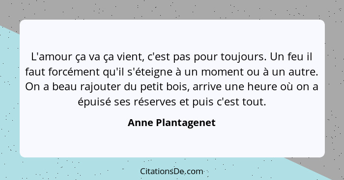 L'amour ça va ça vient, c'est pas pour toujours. Un feu il faut forcément qu'il s'éteigne à un moment ou à un autre. On a beau rajo... - Anne Plantagenet