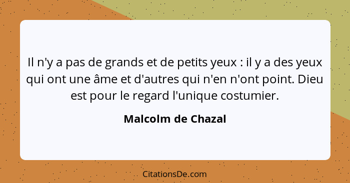 Il n'y a pas de grands et de petits yeux : il y a des yeux qui ont une âme et d'autres qui n'en n'ont point. Dieu est pour le... - Malcolm de Chazal