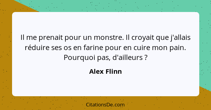 Il me prenait pour un monstre. Il croyait que j'allais réduire ses os en farine pour en cuire mon pain. Pourquoi pas, d'ailleurs ?... - Alex Flinn