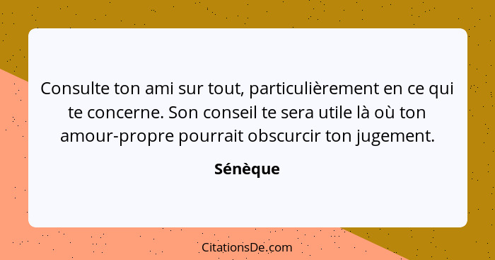 Consulte ton ami sur tout, particulièrement en ce qui te concerne. Son conseil te sera utile là où ton amour-propre pourrait obscurcir ton j... - Sénèque