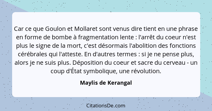 Car ce que Goulon et Mollaret sont venus dire tient en une phrase en forme de bombe à fragmentation lente : l'arrêt du coeur... - Maylis de Kerangal