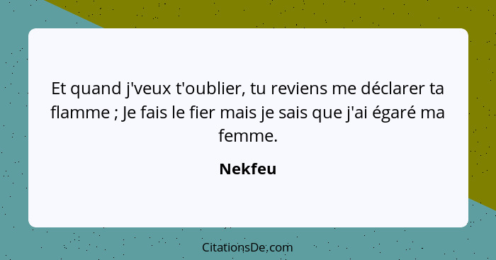 Et quand j'veux t'oublier, tu reviens me déclarer ta flamme ; Je fais le fier mais je sais que j'ai égaré ma femme.... - Nekfeu