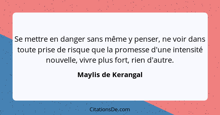 Se mettre en danger sans même y penser, ne voir dans toute prise de risque que la promesse d'une intensité nouvelle, vivre plus f... - Maylis de Kerangal