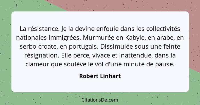 La résistance. Je la devine enfouie dans les collectivités nationales immigrées. Murmurée en Kabyle, en arabe, en serbo-croate, en po... - Robert Linhart