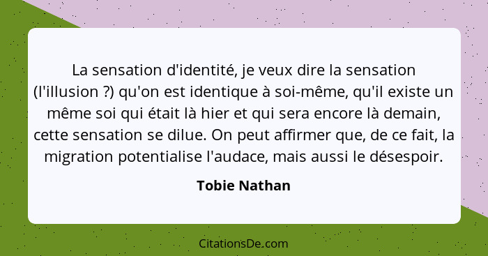 La sensation d'identité, je veux dire la sensation (l'illusion ?) qu'on est identique à soi-même, qu'il existe un même soi qui éta... - Tobie Nathan