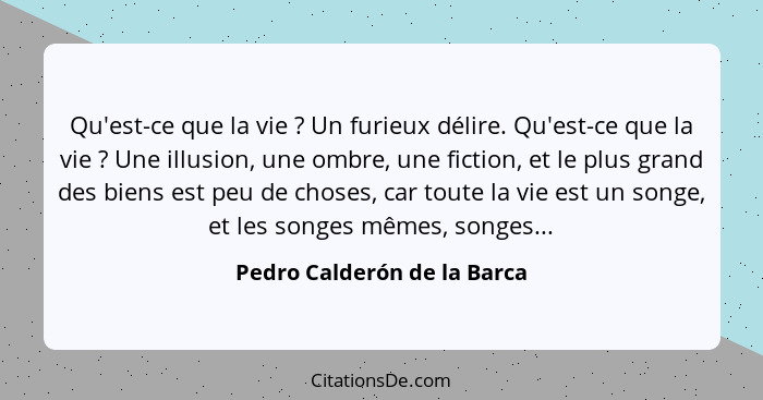 Qu'est-ce que la vie ? Un furieux délire. Qu'est-ce que la vie ? Une illusion, une ombre, une fiction, et le pl... - Pedro Calderón de la Barca