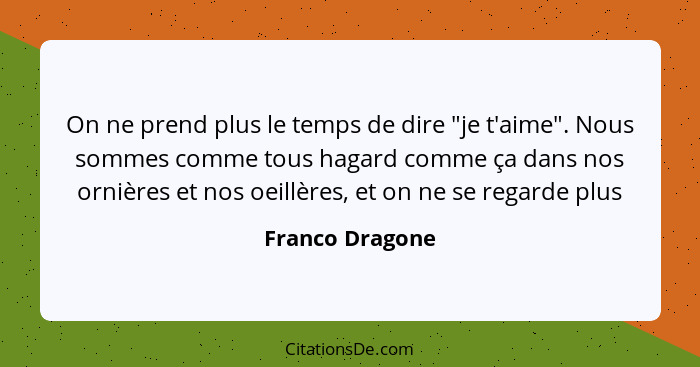 On ne prend plus le temps de dire "je t'aime". Nous sommes comme tous hagard comme ça dans nos ornières et nos oeillères, et on ne se... - Franco Dragone