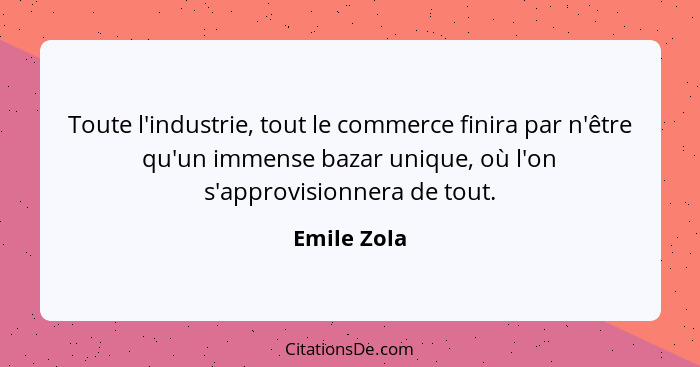 Toute l'industrie, tout le commerce finira par n'être qu'un immense bazar unique, où l'on s'approvisionnera de tout.... - Emile Zola