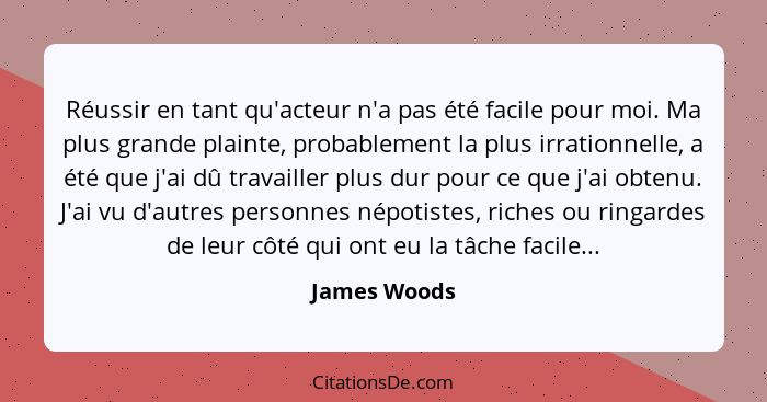 Réussir en tant qu'acteur n'a pas été facile pour moi. Ma plus grande plainte, probablement la plus irrationnelle, a été que j'ai dû tra... - James Woods