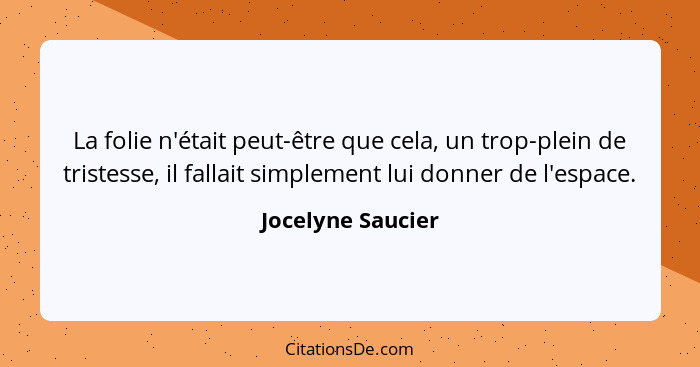 La folie n'était peut-être que cela, un trop-plein de tristesse, il fallait simplement lui donner de l'espace.... - Jocelyne Saucier