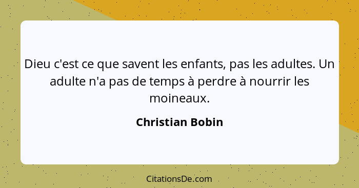 Dieu c'est ce que savent les enfants, pas les adultes. Un adulte n'a pas de temps à perdre à nourrir les moineaux.... - Christian Bobin