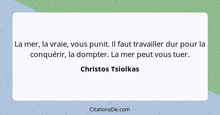 La mer, la vraie, vous punit. Il faut travailler dur pour la conquérir, la dompter. La mer peut vous tuer.... - Christos Tsiolkas