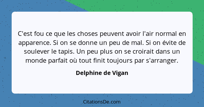 C'est fou ce que les choses peuvent avoir l'air normal en apparence. Si on se donne un peu de mal. Si on évite de soulever le tapi... - Delphine de Vigan