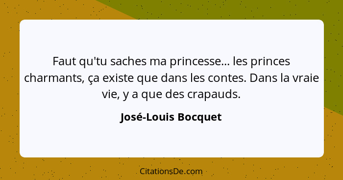 Faut qu'tu saches ma princesse... les princes charmants, ça existe que dans les contes. Dans la vraie vie, y a que des crapauds.... - José-Louis Bocquet