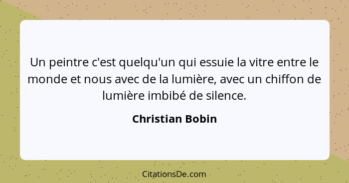Un peintre c'est quelqu'un qui essuie la vitre entre le monde et nous avec de la lumière, avec un chiffon de lumière imbibé de silen... - Christian Bobin