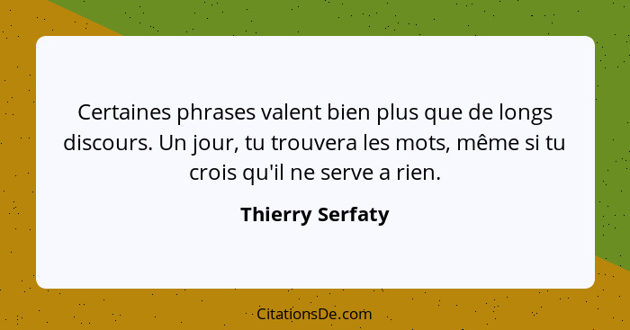 Certaines phrases valent bien plus que de longs discours. Un jour, tu trouvera les mots, même si tu crois qu'il ne serve a rien.... - Thierry Serfaty