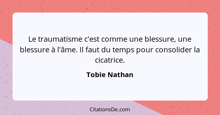 Le traumatisme c'est comme une blessure, une blessure à l'âme. Il faut du temps pour consolider la cicatrice.... - Tobie Nathan