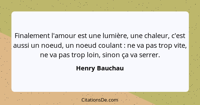 Finalement l'amour est une lumière, une chaleur, c'est aussi un noeud, un noeud coulant : ne va pas trop vite, ne va pas trop loi... - Henry Bauchau