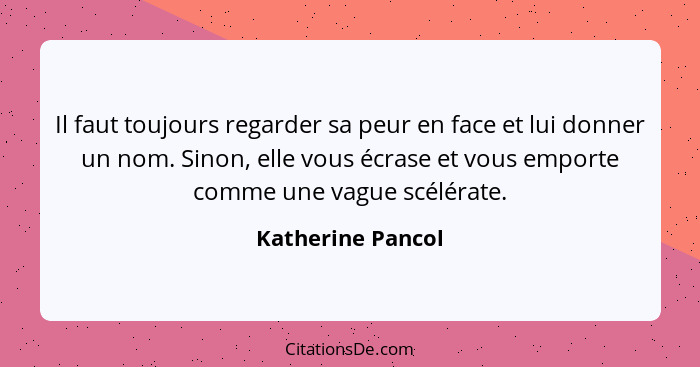 Il faut toujours regarder sa peur en face et lui donner un nom. Sinon, elle vous écrase et vous emporte comme une vague scélérate.... - Katherine Pancol