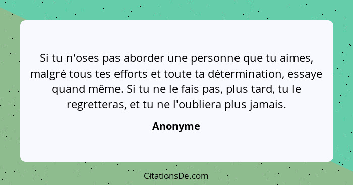 Si tu n'oses pas aborder une personne que tu aimes, malgré tous tes efforts et toute ta détermination, essaye quand même. Si tu ne le fais p... - Anonyme