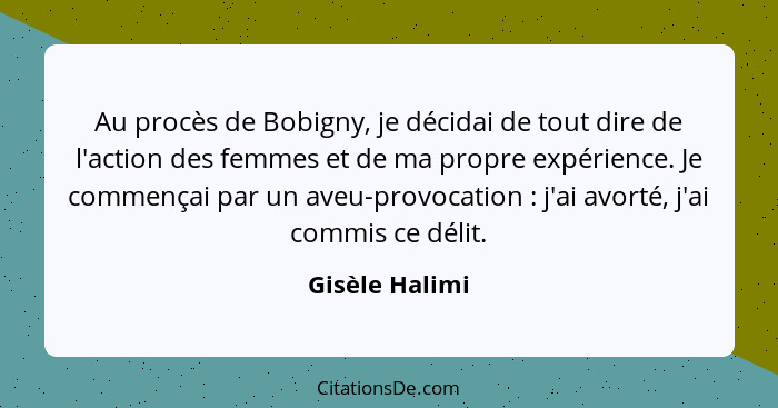 Au procès de Bobigny, je décidai de tout dire de l'action des femmes et de ma propre expérience. Je commençai par un aveu-provocation&... - Gisèle Halimi