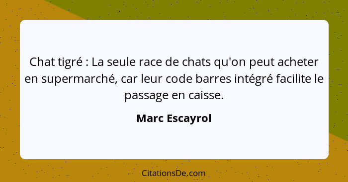 Chat tigré : La seule race de chats qu'on peut acheter en supermarché, car leur code barres intégré facilite le passage en caisse... - Marc Escayrol