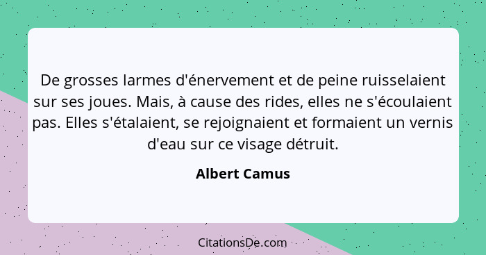 De grosses larmes d'énervement et de peine ruisselaient sur ses joues. Mais, à cause des rides, elles ne s'écoulaient pas. Elles s'étal... - Albert Camus