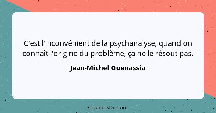 C'est l'inconvénient de la psychanalyse, quand on connaît l'origine du problème, ça ne le résout pas.... - Jean-Michel Guenassia