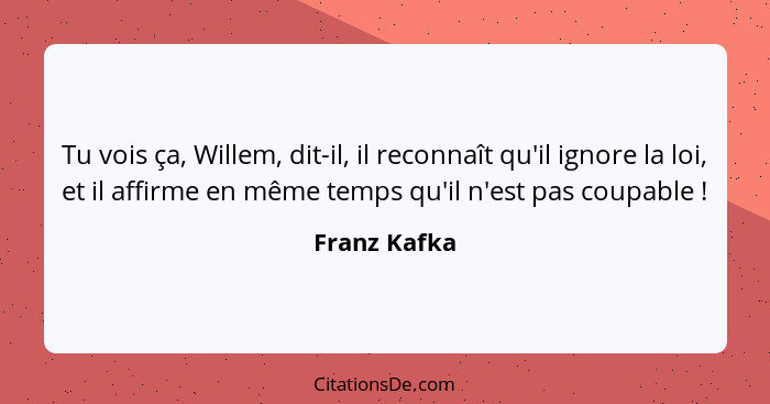 Tu vois ça, Willem, dit-il, il reconnaît qu'il ignore la loi, et il affirme en même temps qu'il n'est pas coupable !... - Franz Kafka