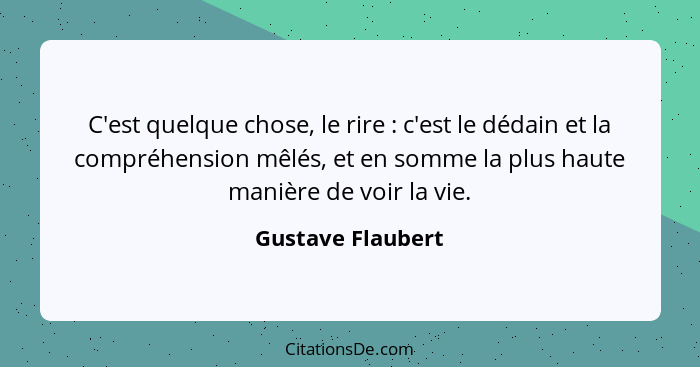 C'est quelque chose, le rire : c'est le dédain et la compréhension mêlés, et en somme la plus haute manière de voir la vie.... - Gustave Flaubert