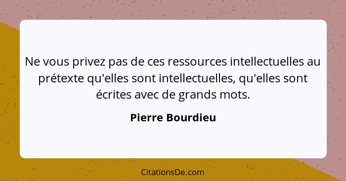 Ne vous privez pas de ces ressources intellectuelles au prétexte qu'elles sont intellectuelles, qu'elles sont écrites avec de grands... - Pierre Bourdieu