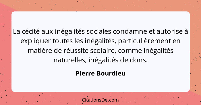 La cécité aux inégalités sociales condamne et autorise à expliquer toutes les inégalités, particulièrement en matière de réussite sc... - Pierre Bourdieu