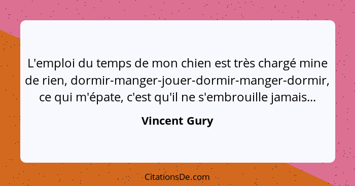 L'emploi du temps de mon chien est très chargé mine de rien, dormir-manger-jouer-dormir-manger-dormir, ce qui m'épate, c'est qu'il ne s... - Vincent Gury