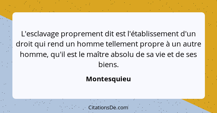 L'esclavage proprement dit est l'établissement d'un droit qui rend un homme tellement propre à un autre homme, qu'il est le maître absol... - Montesquieu