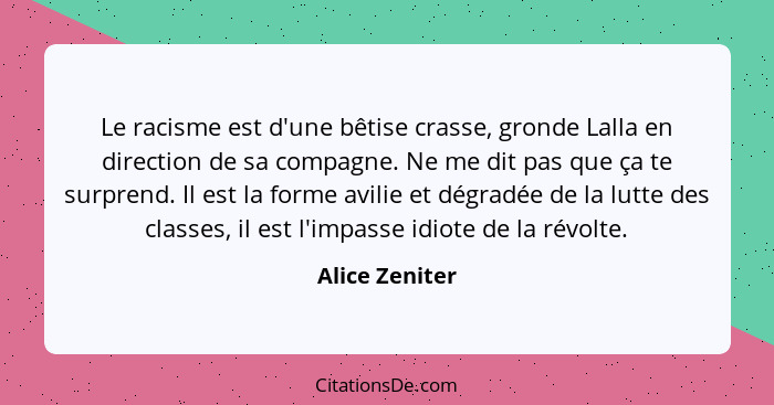 Le racisme est d'une bêtise crasse, gronde Lalla en direction de sa compagne. Ne me dit pas que ça te surprend. Il est la forme avilie... - Alice Zeniter