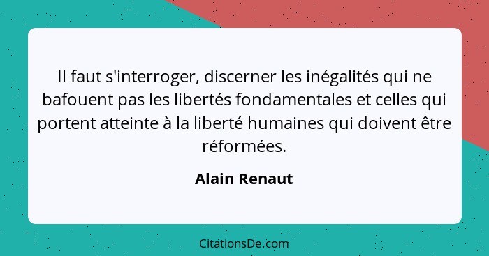 Il faut s'interroger, discerner les inégalités qui ne bafouent pas les libertés fondamentales et celles qui portent atteinte à la liber... - Alain Renaut