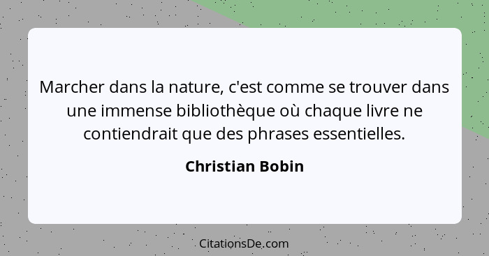 Marcher dans la nature, c'est comme se trouver dans une immense bibliothèque où chaque livre ne contiendrait que des phrases essenti... - Christian Bobin